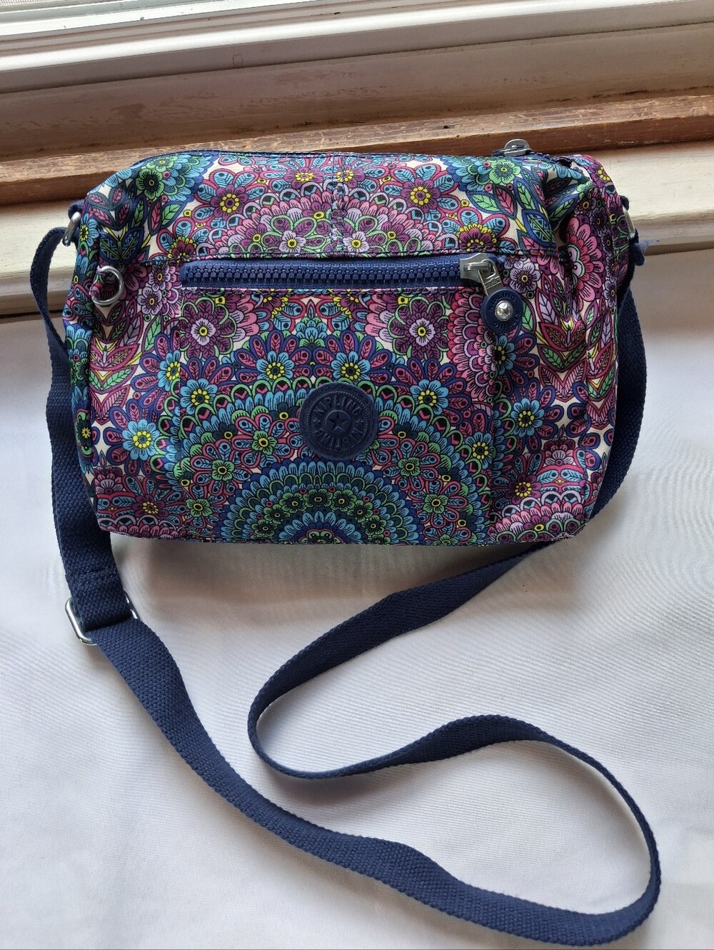 Kipling Multicolor Floral Crossbody with Navy Strap